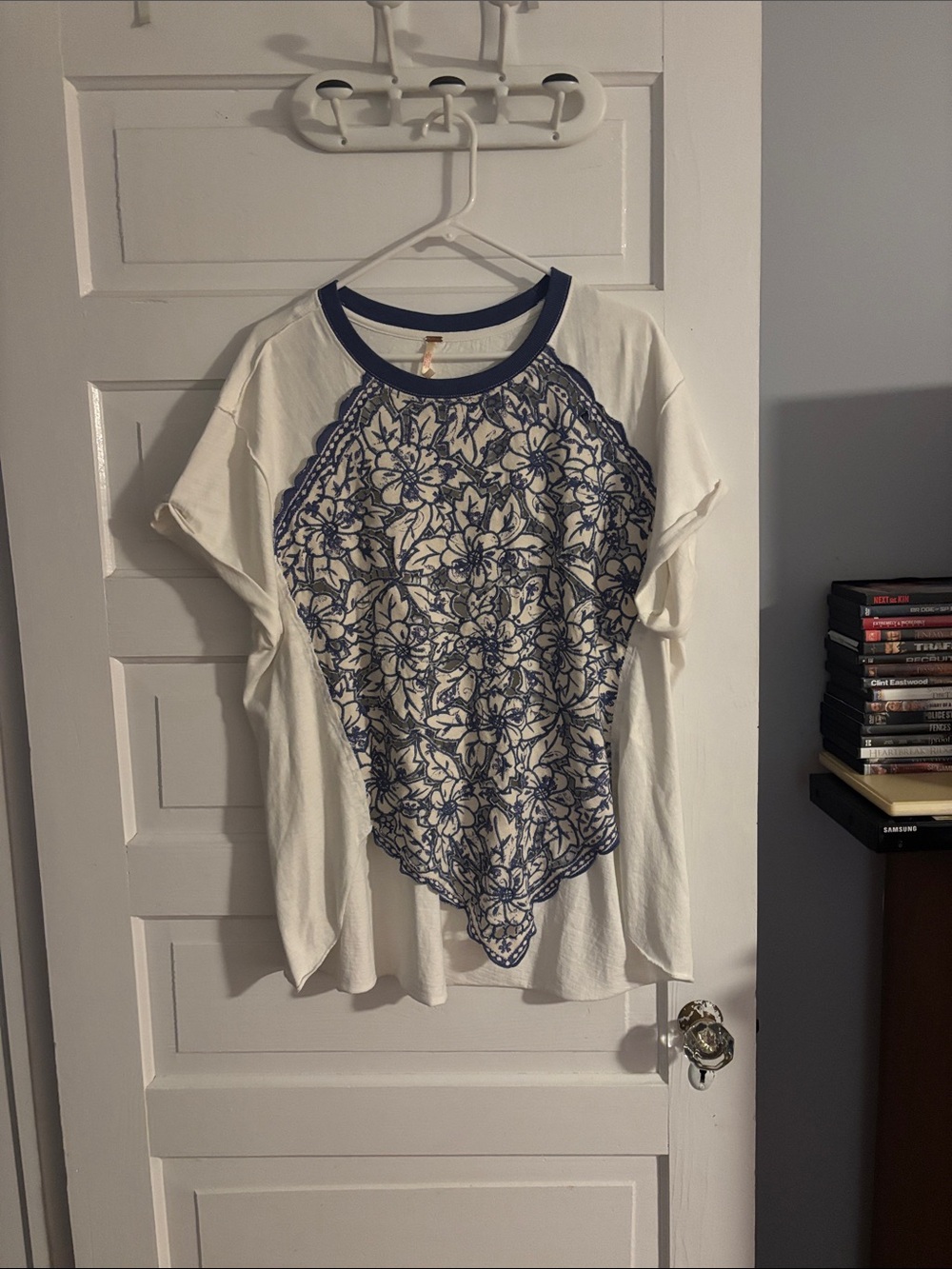 Free People White and Navy Floral Raglan Women's Top